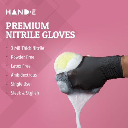 Hand-E Nitrile Disposable Gloves, 3 mil Palm, Nitrile, Powder-Free, L, 50 PK, Black HND-82712